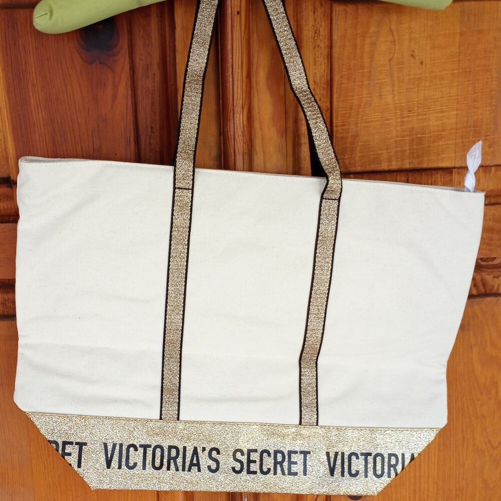 Victoria's Secret gold glitter canvas bag